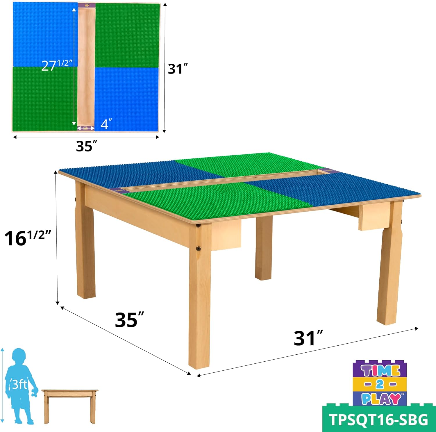 Time-2-Play 35"W Square Table With 16" Legs Playwood Montessori Lego Compatible Play Desk with Trough