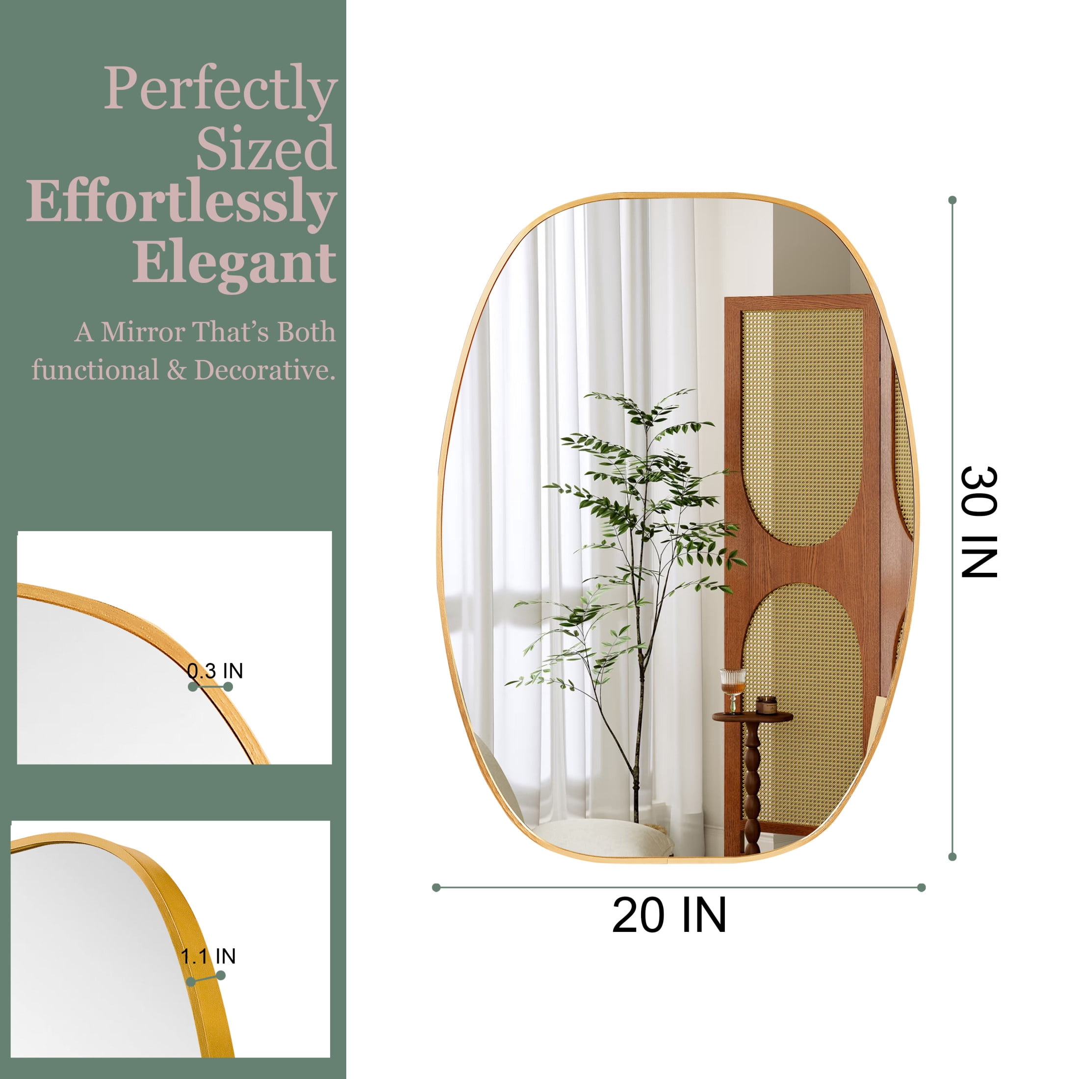 Noble House 20"x30" Unique Metal Framed Oval Wall Mirror, Modern Oblong Vanity Mirror for Bathroom & Entryway, Gold