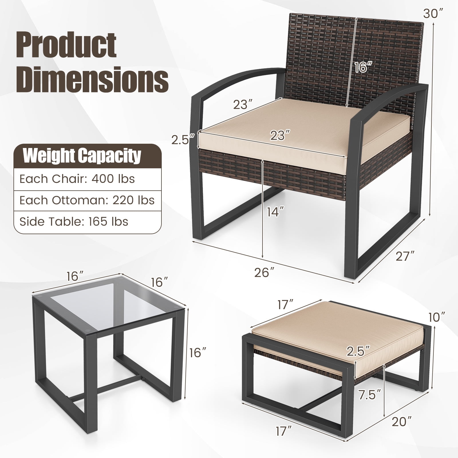 Costway Outdoor Furniture Set, Patio Rattan Conversation Set for Balcony,Porch, Backyard Mix Brown + Beige