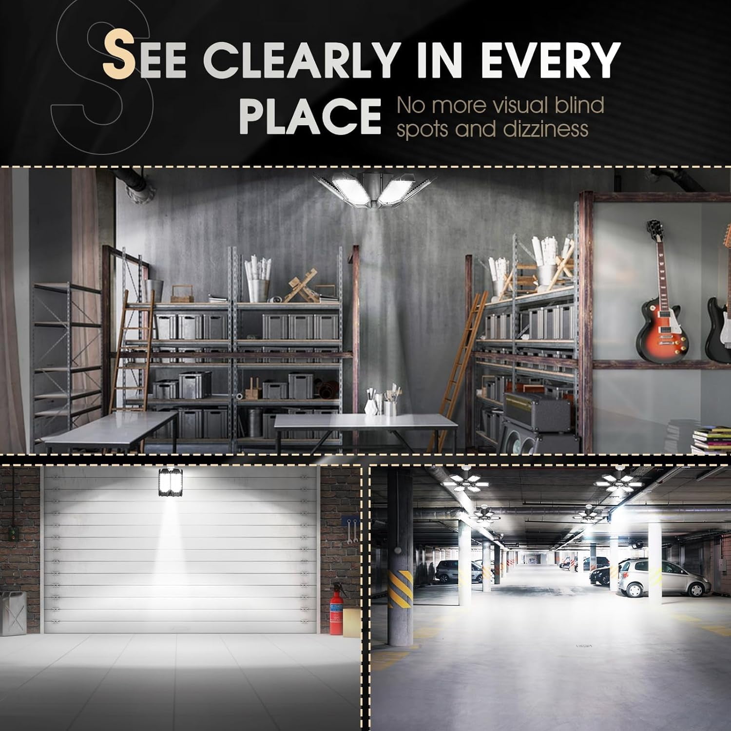 LED Garage Light 2 Pack Bright 20000Lm LED Workshop Ceiling Basement Lighting Fixture Srew in E26 E27 Bulb Socket with Adjustable Spotlight and 6 Deformable Panels for Warehouse Attic Cellar