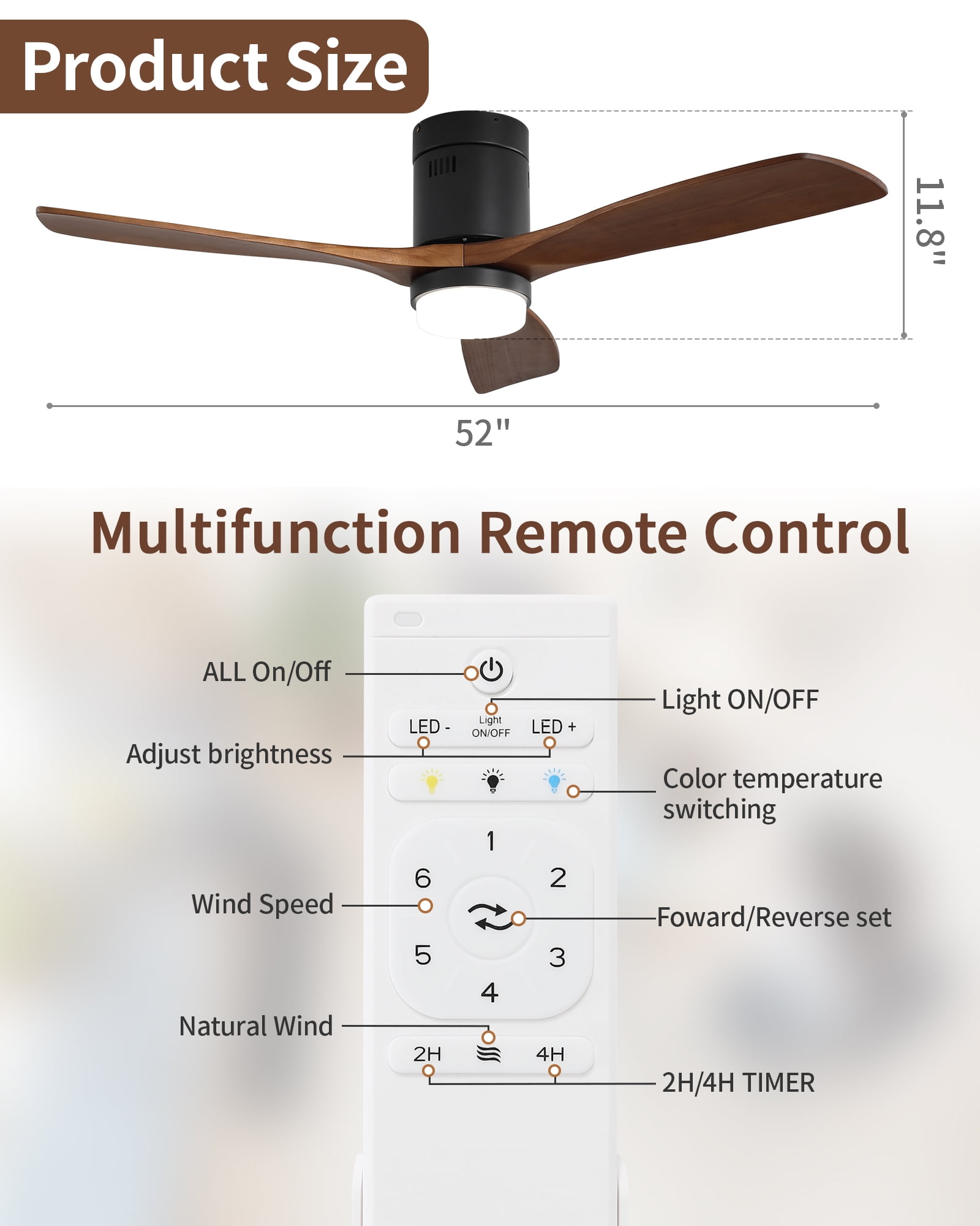 Sofucor 52-Inch Modern Ceiling Fan with Integrated LED Light and Remote Control