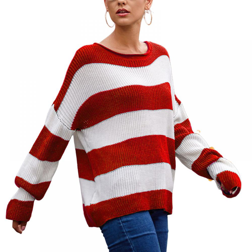 Womens Color Block Knit Sweater Long Sleeve Crewneck Loose Jumper Pullover Tops