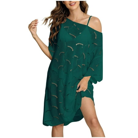 fatyb Crochet Swimsuit Cover up for Women One Shoulder Hollow out Coverups Ladies Bikini Mini Beach Dress
