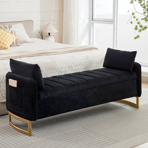 Aemeios 66"W Tufted Storage Bench for Bedroom End of Bed with Gold Legs and Two Pillows, Black