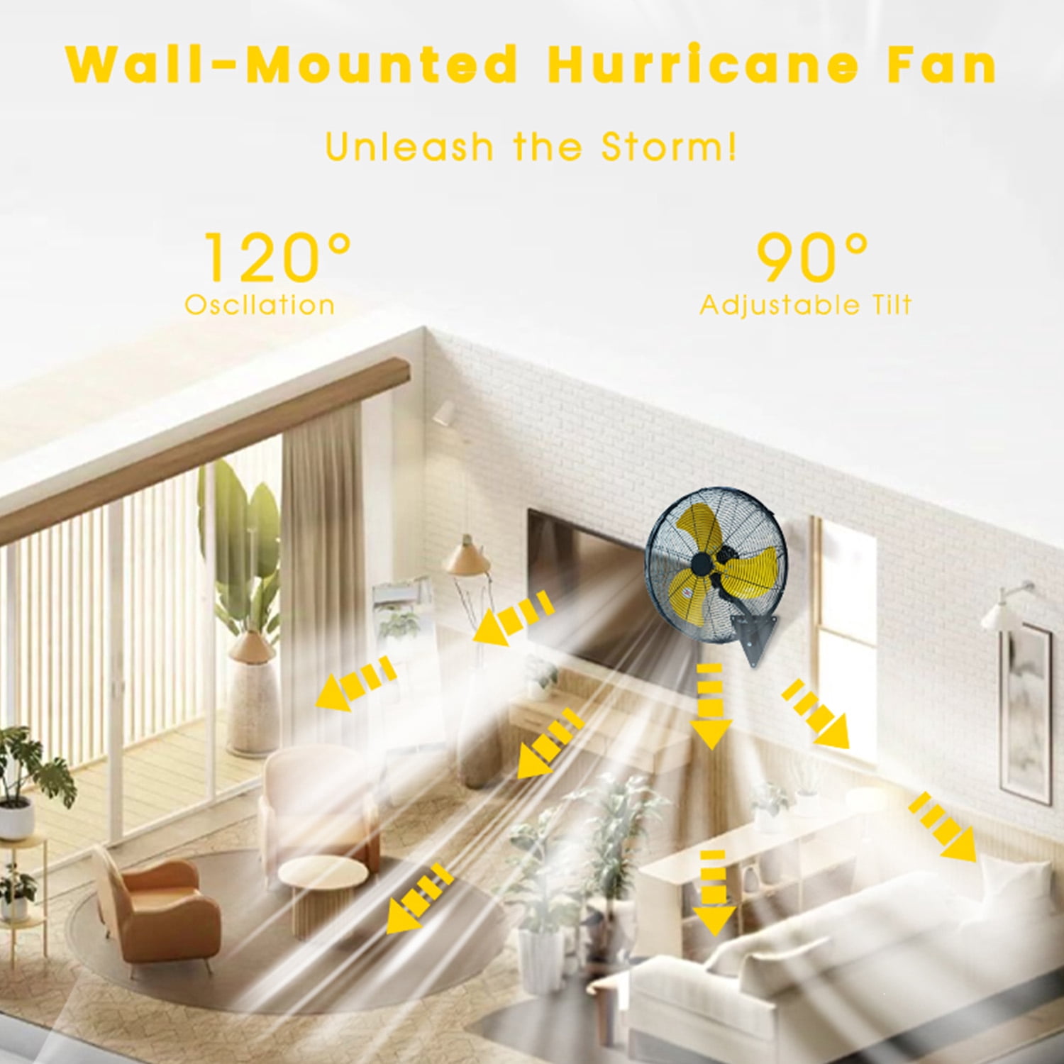 20in Wall Mount Fan, 3-Speed Industrial Wall Fan up to 7000CFM, 120°Oscillating High Airflow Cooling Fan for Garage,Home,Warehouse, Indoor/Outdoor Use, Yellow