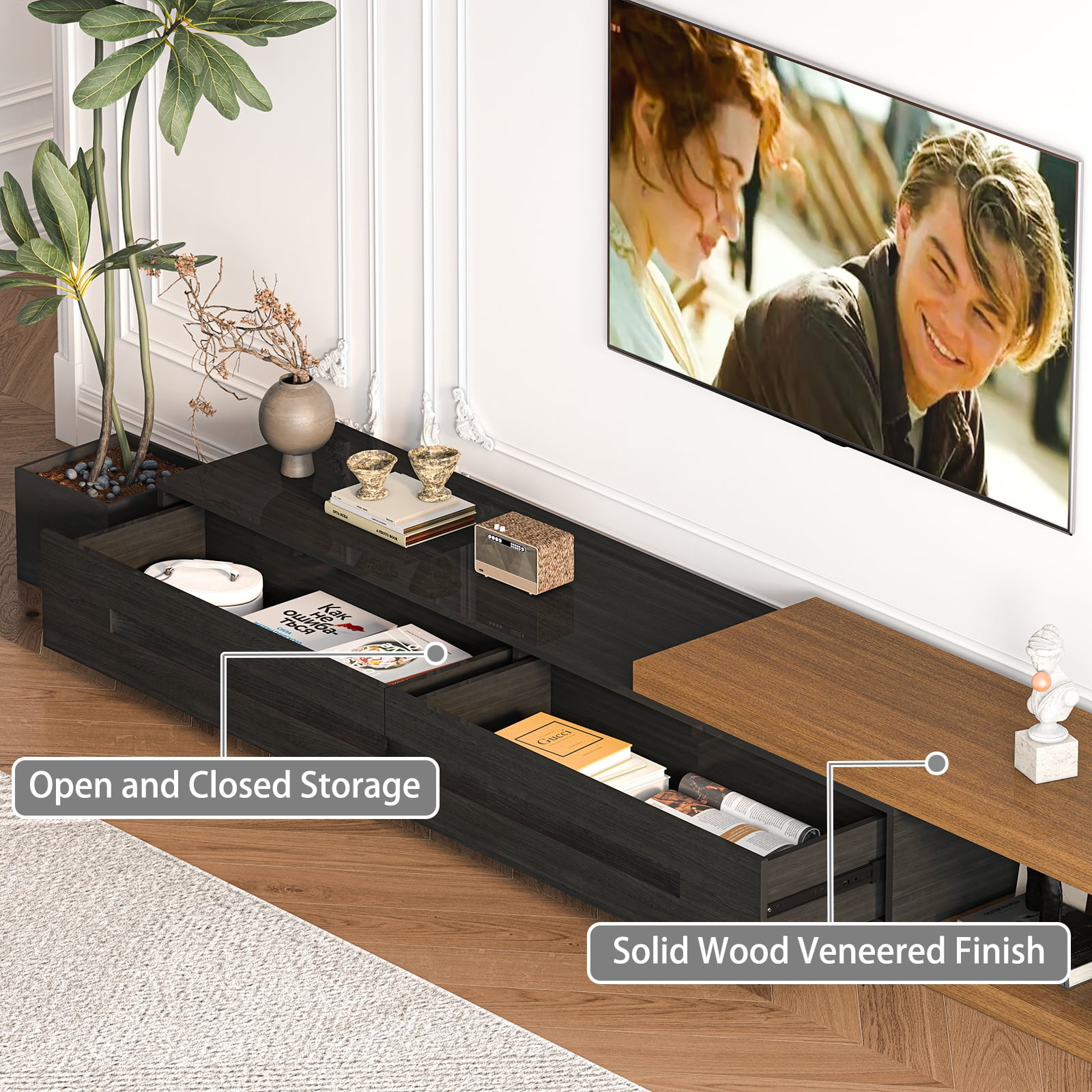 JassmiPkwy Extendable TV Stand for 120 Inch TV, Wood Modern Entertainment Center with 2 Drawer, Black