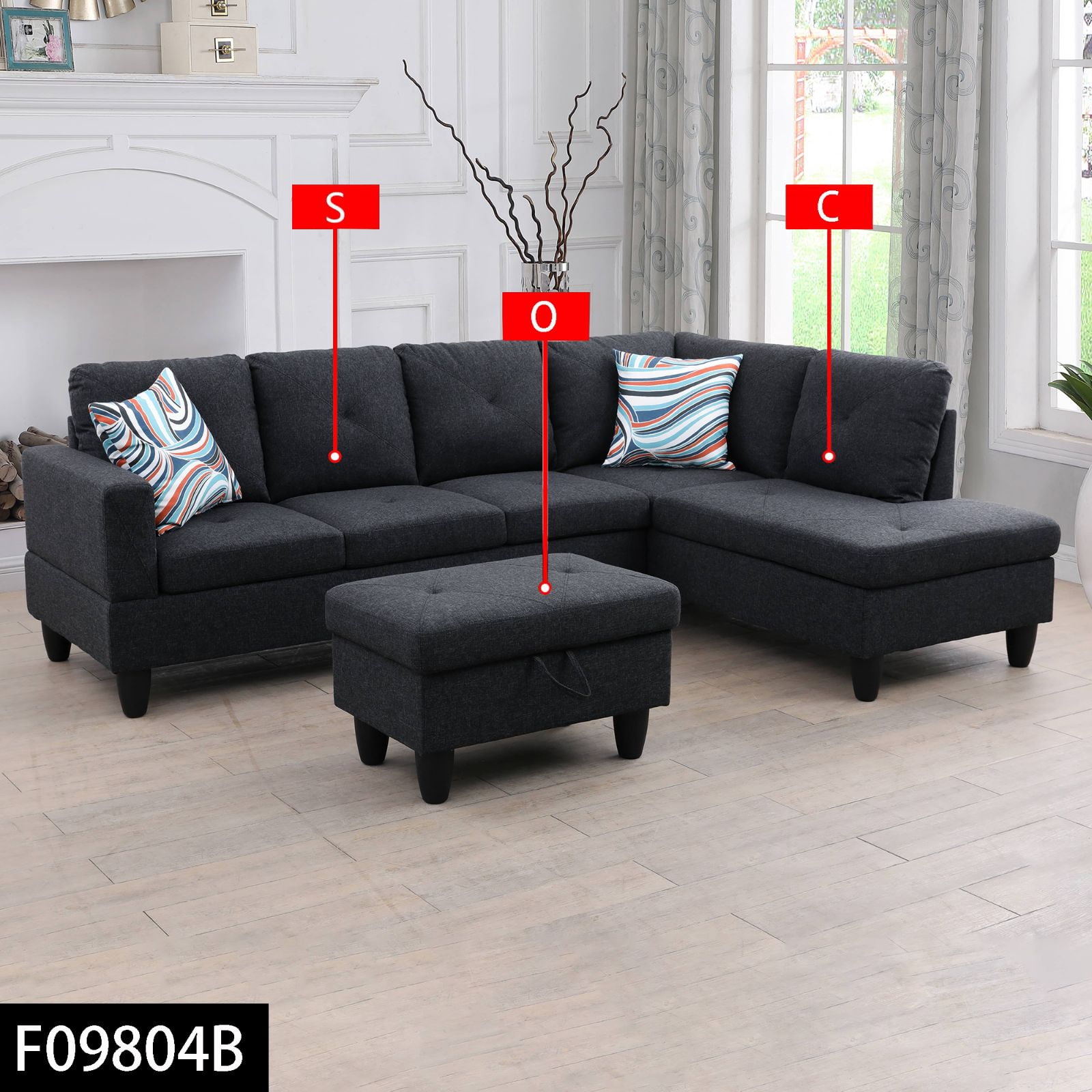 3-Piece L-Shaped Sectional Sofa with Movable Chaise & Storage Ottoman, Linen Living Room Modular Convertible Couches Set for Home Apartment Office, Black Grey