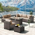 thumbnail image 1 of Kullavik 8-Piece Outdoor Patio Furniture Set with 55,000 BTU Fire Pit Table, PE Wicker Rattan Sectional Sofa & Coffee Table, All-Weather Waterproof Furniture for Backyard,Sand, 1 of 9