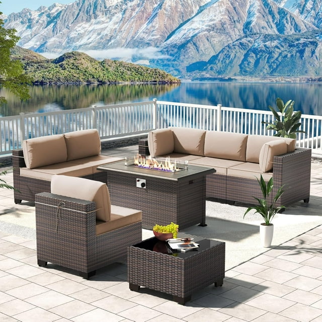 Kullavik 8-Piece Outdoor Patio Furniture Set with 55,000 BTU Fire Pit Table, PE Wicker Rattan Sectional Sofa & Coffee Table, All-Weather Waterproof Furniture for Backyard,Sand