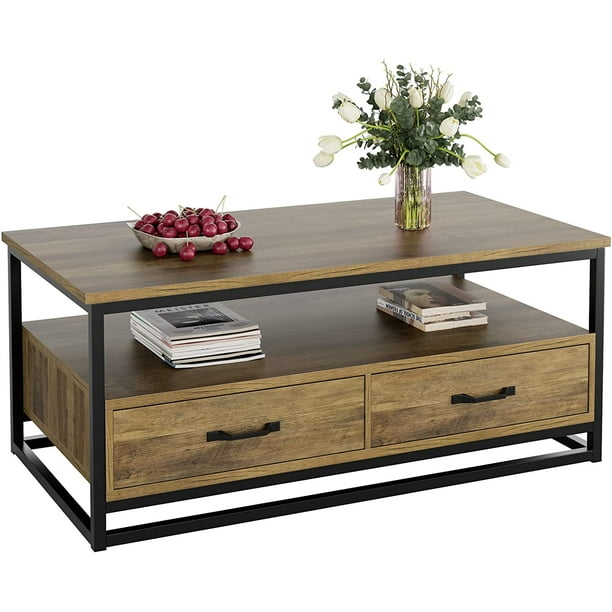 Homfa Industrial Coffee Table 43 Wood, Industrial Coffee Table With Drawers