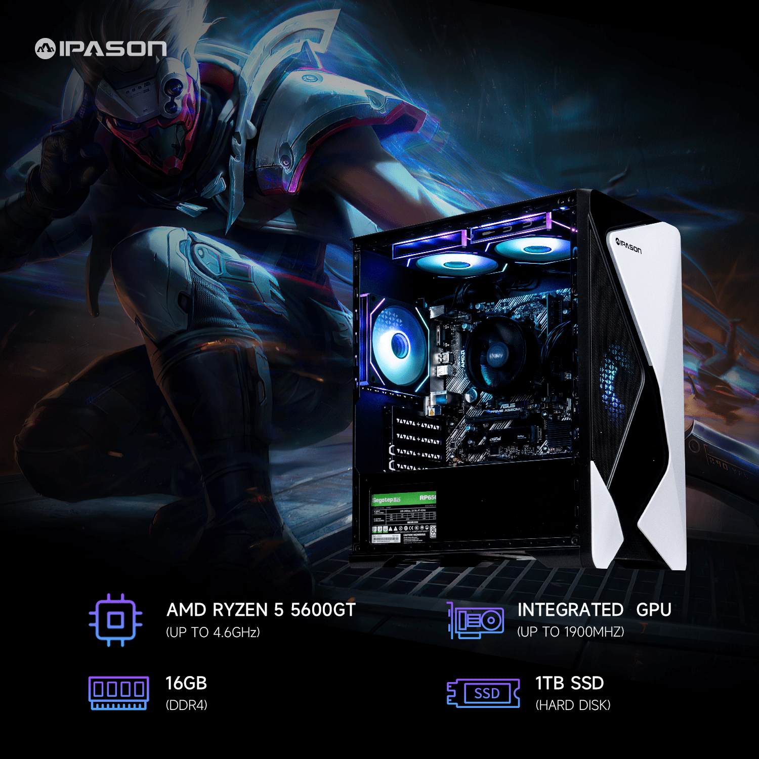 IPASON Gaming PC: Ryzen 5 5600G, AMD Radeon GPU, 16GB DDR4