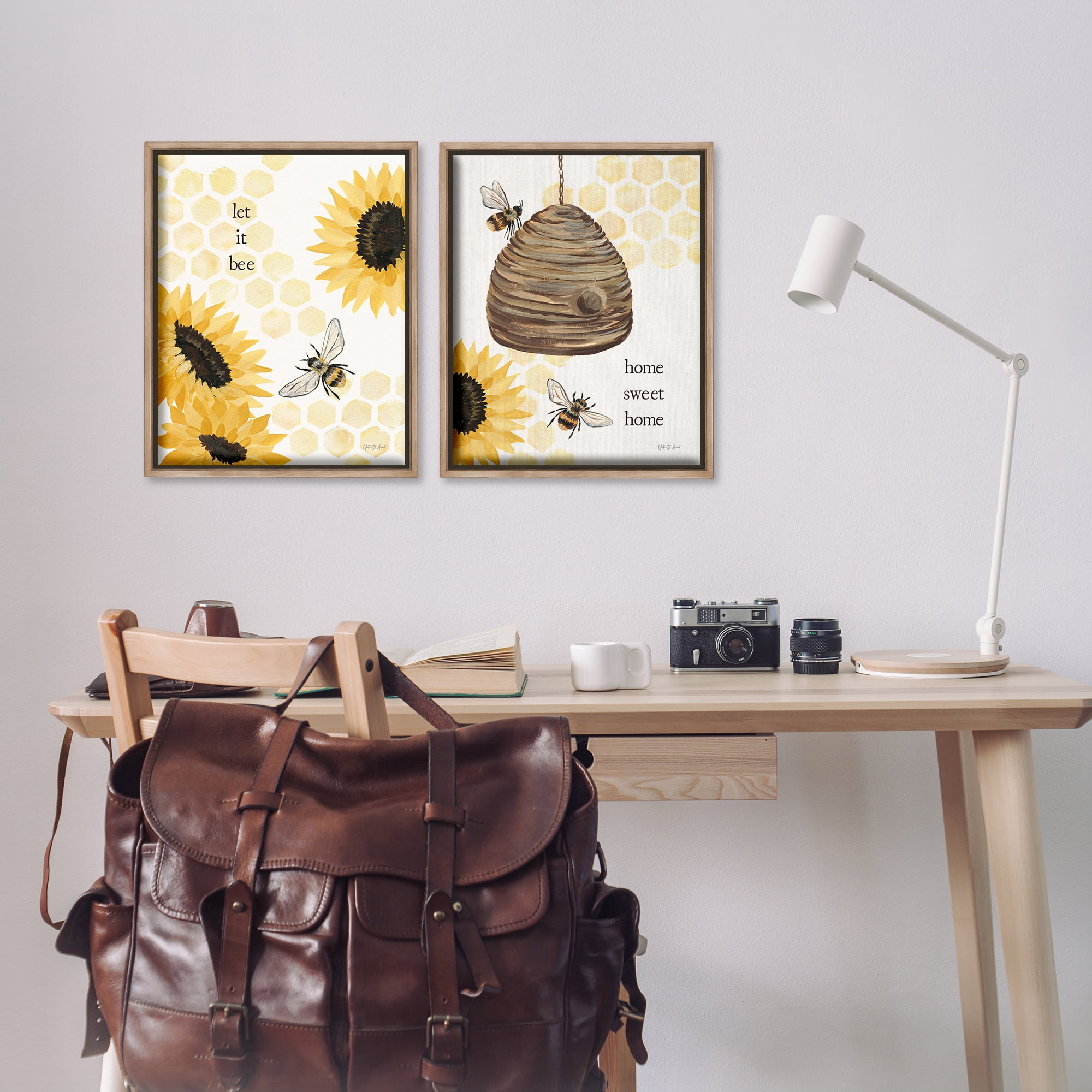 Stupell Industries Sunflower Let it Bee Skep Animals Painting Brown Floater Framed Canvas Art Print Wall Art, 17 x 21, Set of 2