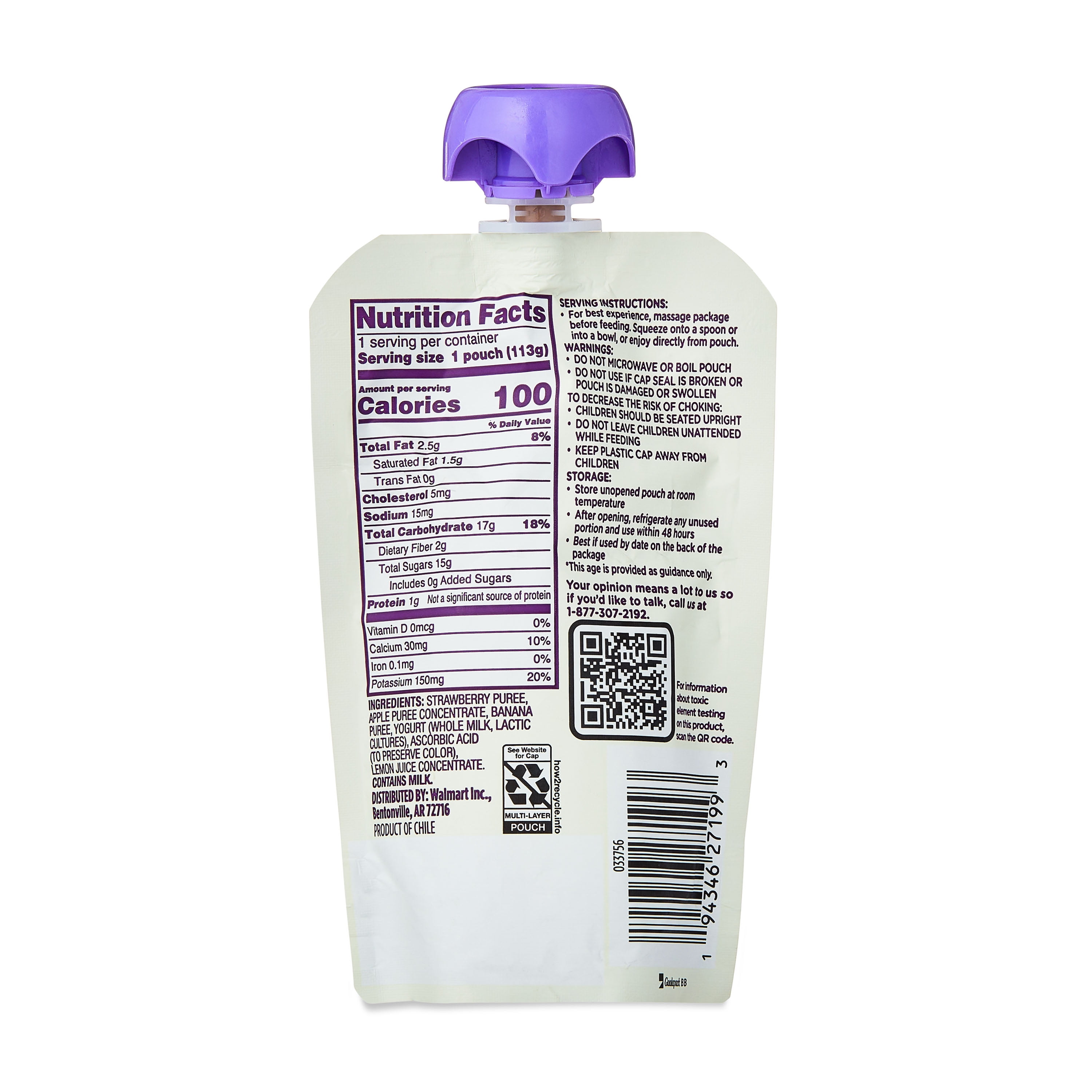 Parent's Choice Stage 2 Baby Food Berry, Apple, Banana Smoothie Fruit Puree and Yogurt, 4 oz Pouch