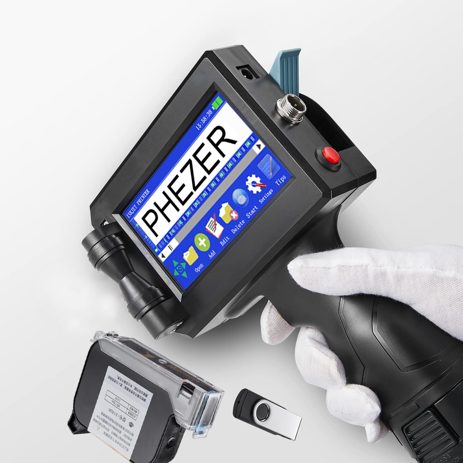 Phezer P15 Handheld Inkjet Printer for Any Surface 0.5 inch Nozzle for QRCode Barcode Production Date Time Logo Batch Number Print on Glass Bag Carton Box Wood Cloth Plastic Cable (1 ink Cartridge)