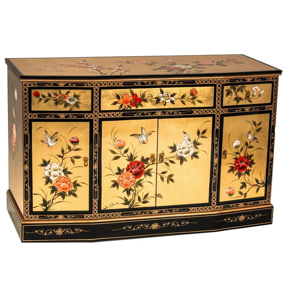 Red Lantern Gold Lacquer Slant Sideboard - Birds and Flowers