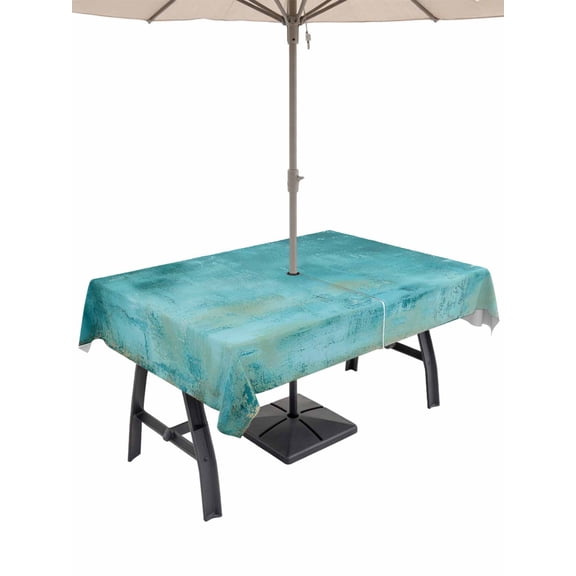 Outdoor Tablecloth with Umbrella Hole & Zipper, Teal Rectangle Tablecloth 60x120 Inch, Vintage Abstract Oil Painting Art Modern Patio Table Cover Waterproof Table Cloth for Picnic/Party