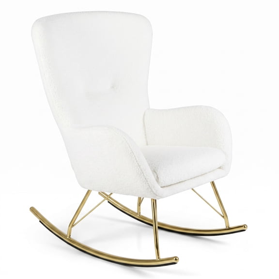 Furnibear Nursery Rocking Chair with Curved Backrest and Armrests, Upholstered Teddy Fleece Glider Rocker with Metal Legs for Living Room Bedroom Nursery, 330, White