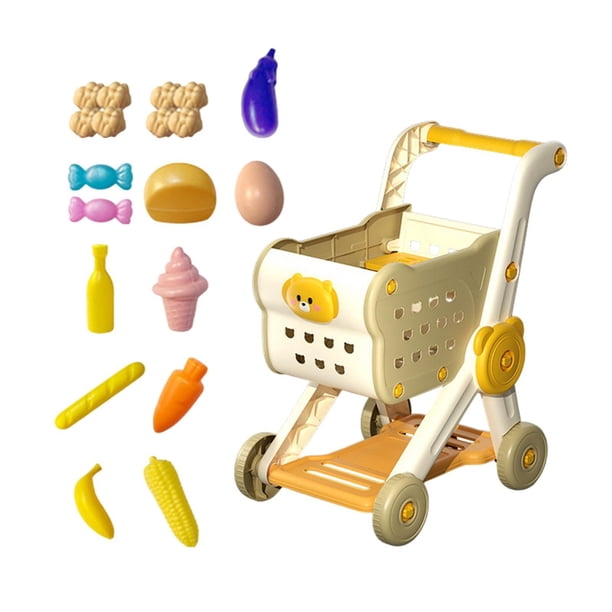 Carrito de compras para niños pequeños con comida de juguete, juegos de simulación para niños y niñas. Regalos. beige