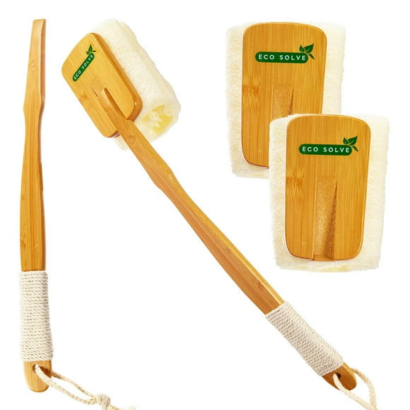 Eco Solve Estropajo de ducha de lufa natural con mango de bambú extraíble Exfoliación suave Mango largo y ergonómico con agarre de cuerda de cáñamo Lufa adicional incluida para un lavado a fondo Sin p