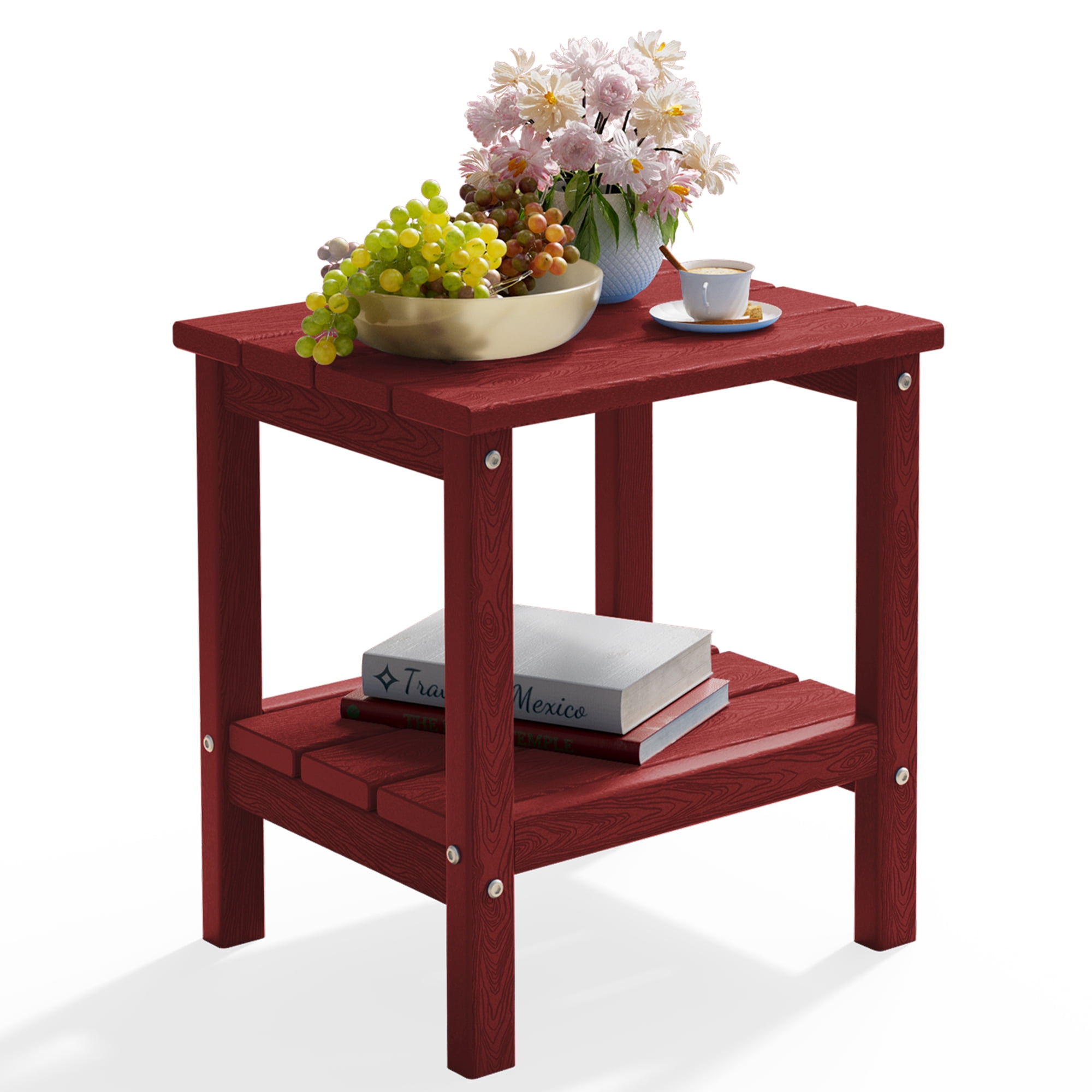 FUNDAZE HDPE 2-Layer End Table for Living Room, Outdoor Side Table, Patio Small End Table, Dark Red