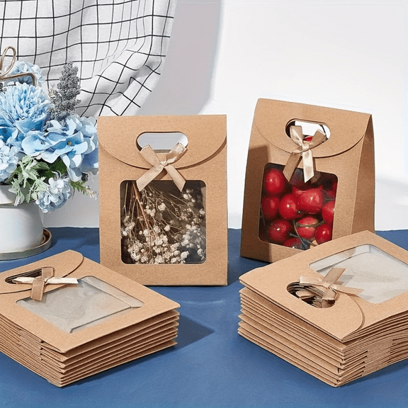20pcs Kraft Paper Gift Bags with Transparent Window and Handles - Eco-Friendly Blank Vertical Favor Bags