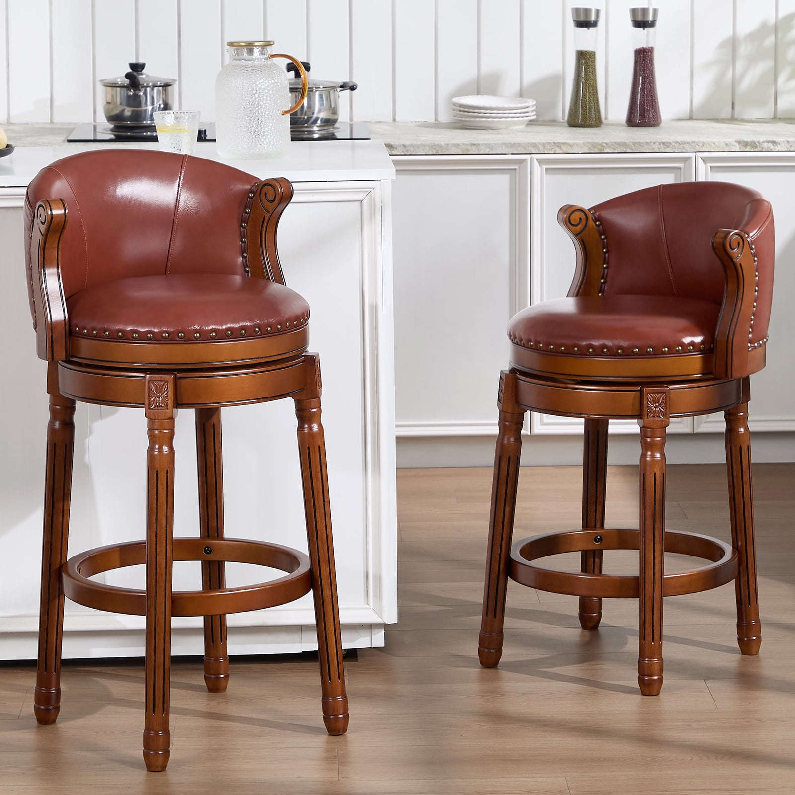 Aulife Bar Stools Counter Height Rubber Wood Swivel Barstools with Back & Footrest-Genuine Leather Upholstered Bar Chair for Bar, Kitchen, Dining Room