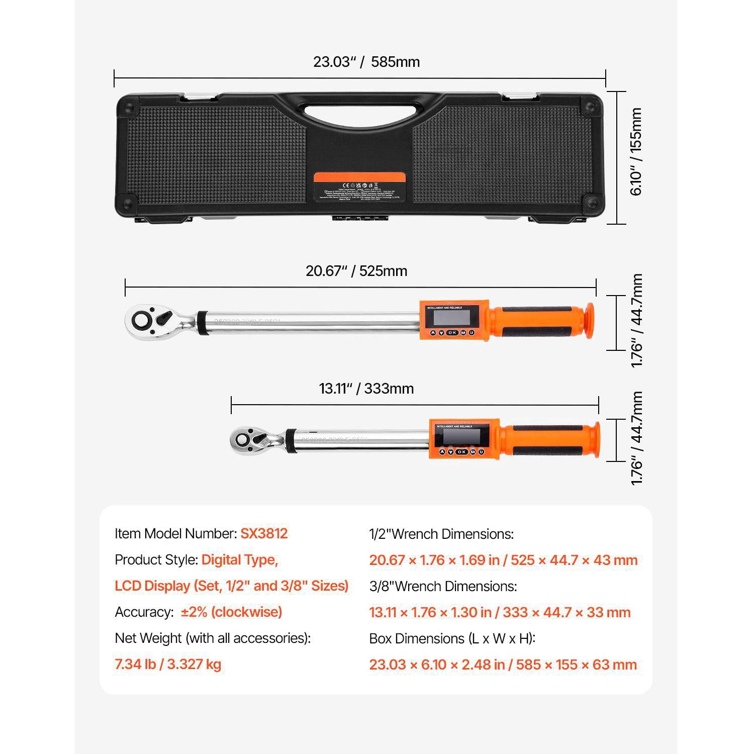 2-Piece Digital Torque Wrench Set 1/2 3/8 Inch Drive 72-Tooth 2% High Accuracy Electronic Torque Wrench with Preset Value Buzzer LED Notification for Automotive Motorcycle