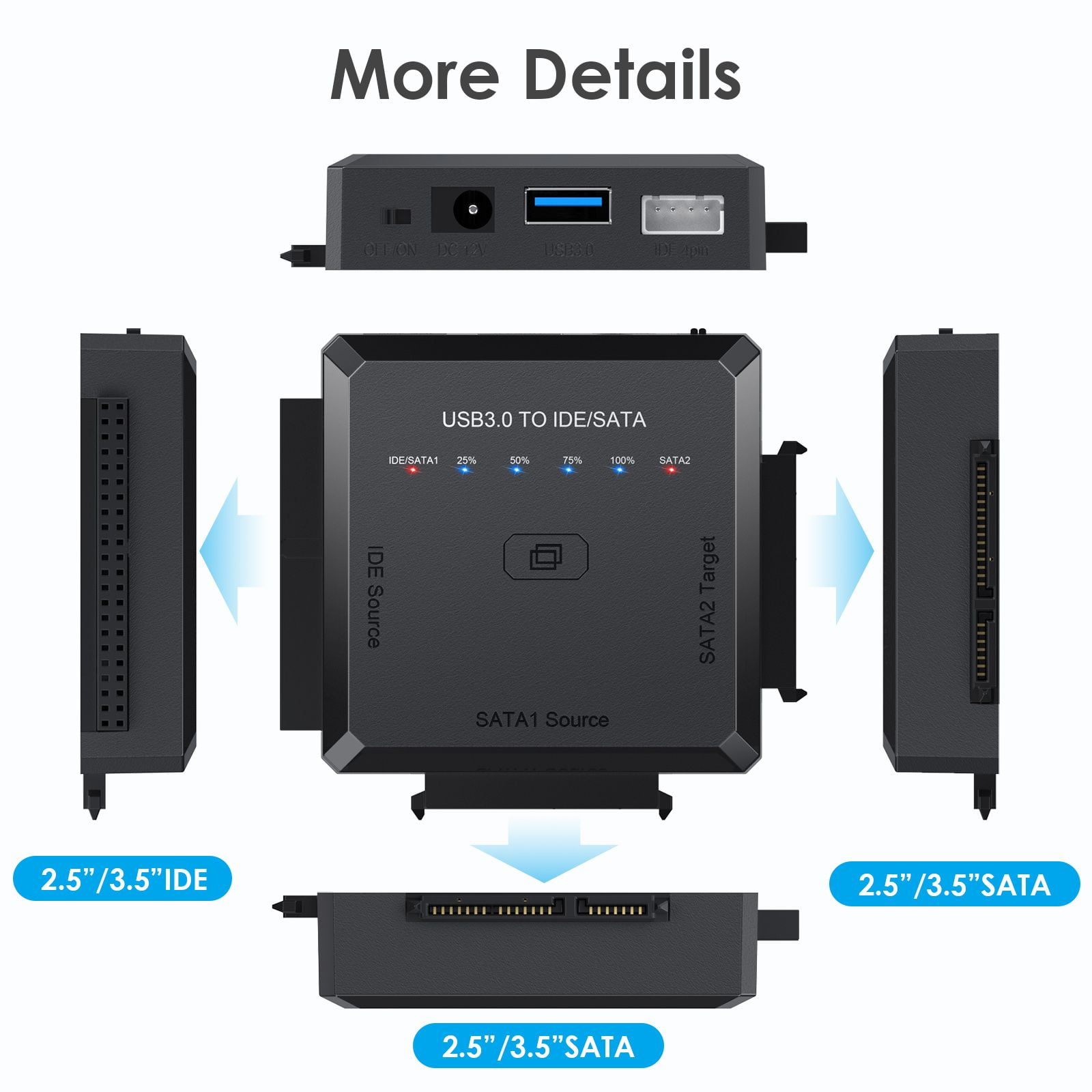 ENTSASMO Black SATA/IDE to USB 3.0 Adapter, Hard Drive Reader Adapter Ultra Recovery Converter for 2.5" 3.5" HDD/SSD, USB to SATA/IDE One Touch Clone with 12V Power Adapter
