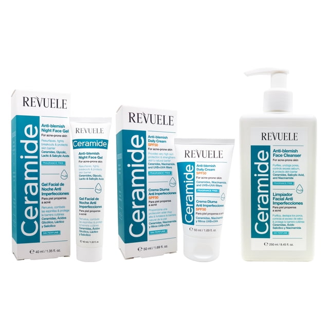 REVUELE CERAMIDE ANTIBLEMISH 3 PACK LIMPIADOR FACIAL - CREMA DIARIA SPF50 - GEL DE NOCHE 250ML/50ML/40ML