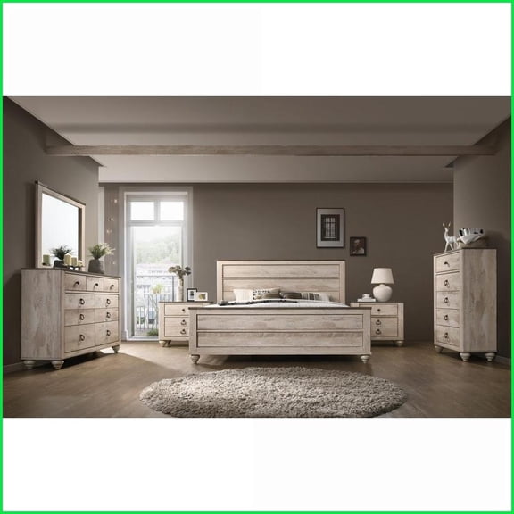 Bedroom Furniture Set Imerland 6-Piece Queen Industrial Chic White Wash Solid Wood | Wood | Standard Beds