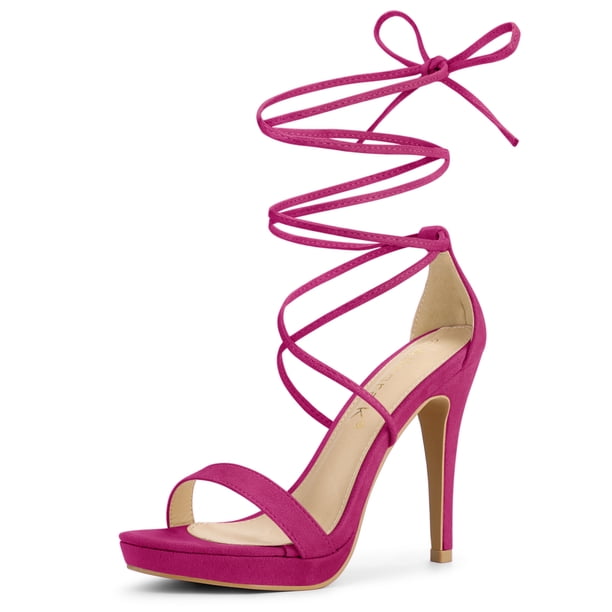 Sandalias Cordón Arriba Plataforma Tacones De Aguja Para Mujeres Rosa Caliente 40