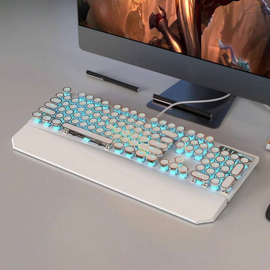 XX Typewriter Mechanical Gaming Keyboard, Retro Black Punk Round Keycaps RGB Rainbow Backlit Wired Keyboards For Laptop PC Gamer, With Magnetic Wrist Rest - Blue Switch