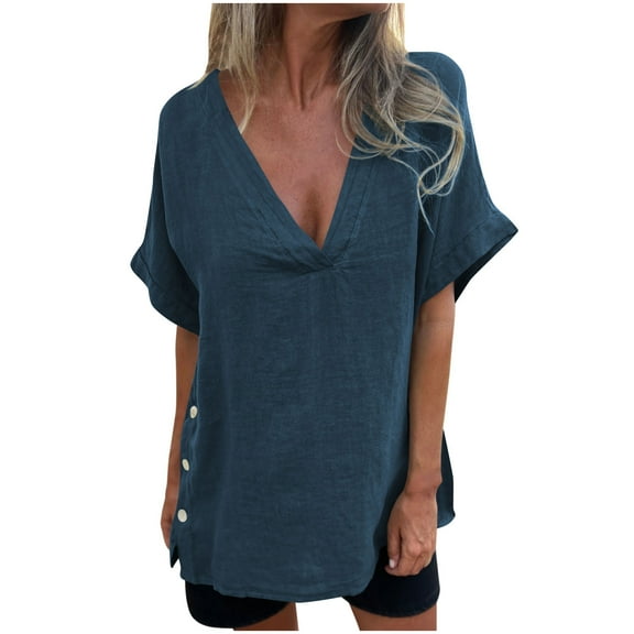 v neck tunic tops - women solid color cotton linen shirts,short sleeve side button tees,loose casual summer t-shirts