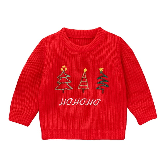 PMVFHDE Chandails Garçons Bébé Sapin de Noël Chandail Tricoté Manches Longues Col Ras du Cou Maille pour Tout-Petits Hauts d'Automne Hiver Rouge, 2-3 Ans