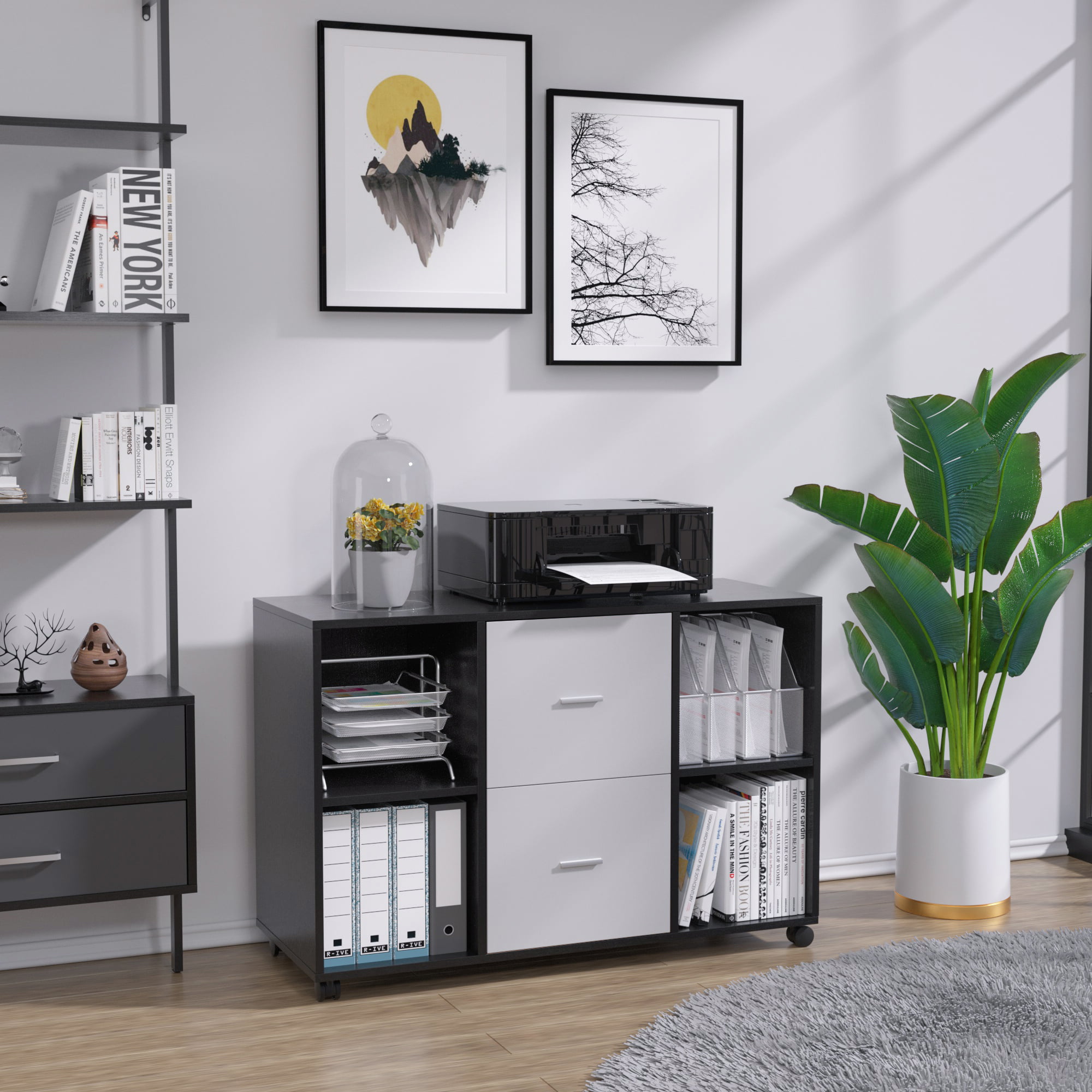 Details about   File Cabinet with Drawers and Wheels Open Storage Shelves for Study Home Office 