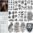 thumbnail image 1 of VERKSTAD Tatuajes temporales realistas para hombres y mujeres, tatuajes falsos negros impermeables para niños y niñas, flores, tigre, dragón, pájaro, lobo, serpiente, águila, sol, luna, kits de tatuaj, 1 of 3