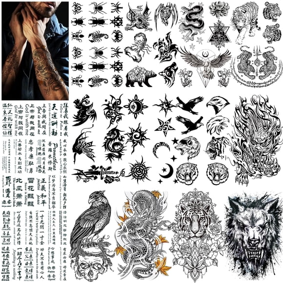VERKSTAD Tatuajes temporales realistas para hombres y mujeres, tatuajes falsos negros impermeables para niños y niñas, flores, tigre, dragón, pájaro, lobo, serpiente, águila, sol, luna, kits de tatuaj