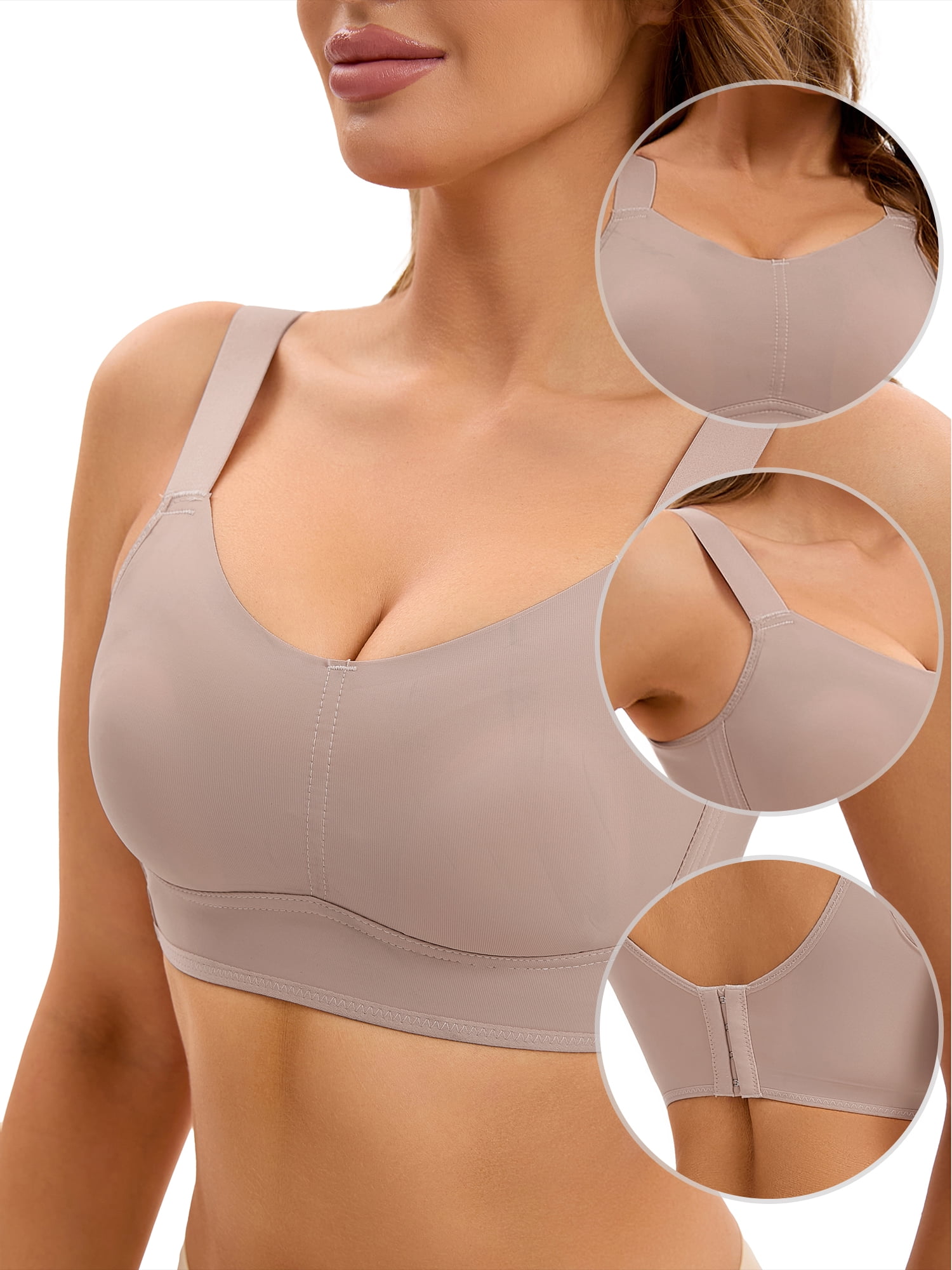 Unique Bargains Women's Full Coverage Push Up V Neck Bras Adjustable Straps L Nude