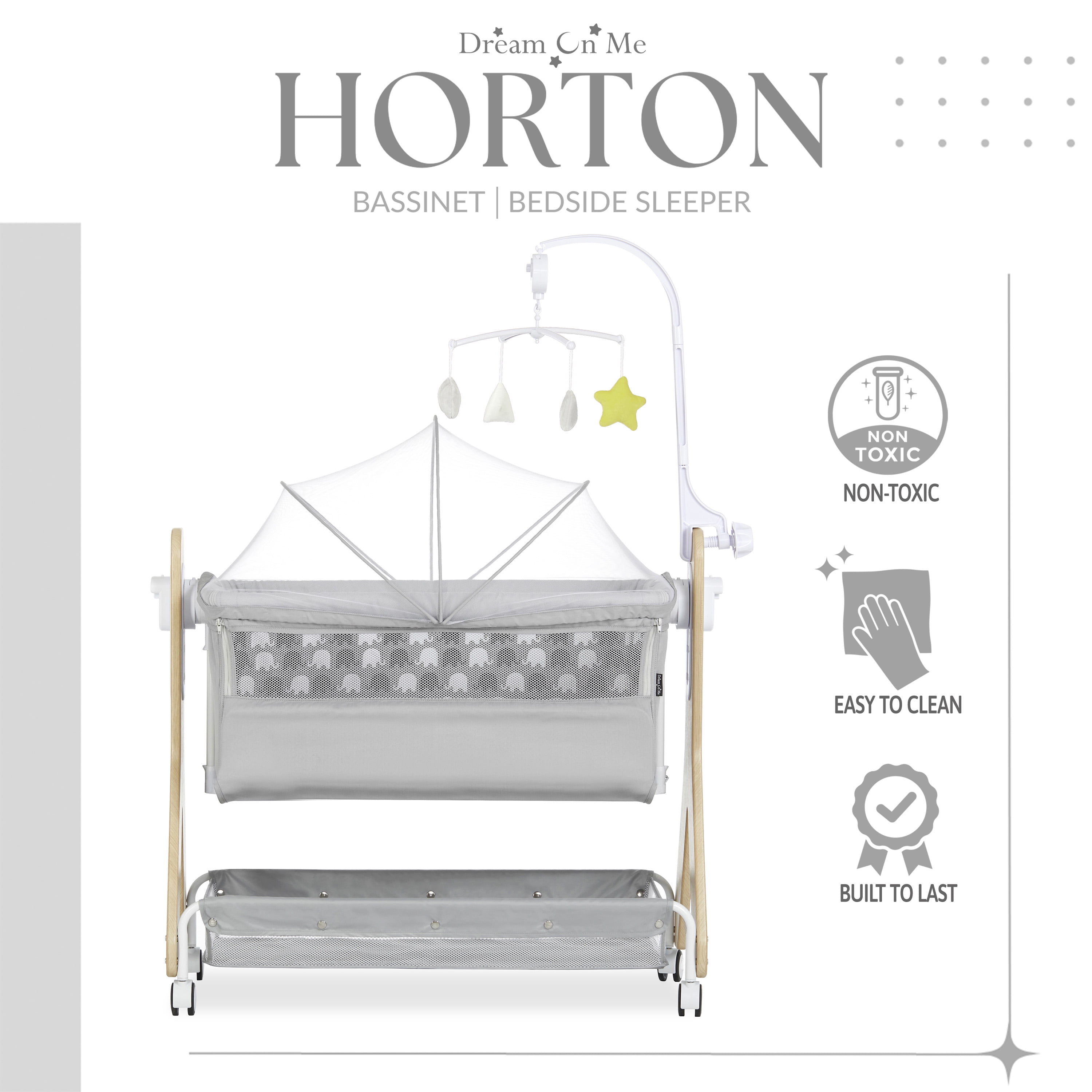 Dream On Me Horton Bassinet and Bedside Sleeper for Newborn In Gray, Large Storage Area