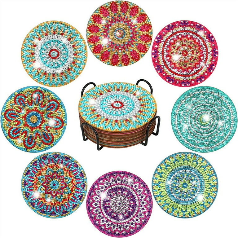 5 Pcs Diamond Painting Coasters with Holder DIY Mandala Coasters Round Cork  Coasters for Drinks Absorbent Table Furniture Protection 5D Diamond