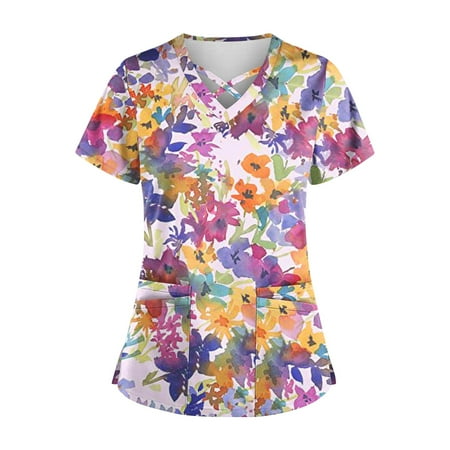 

HIMIWAY Plus Size Cute Printed Scrub Working Uniform Tops For Women Cross V-Neck Short Sleeve Fun T-Shirts Workwear Tee With Pockets