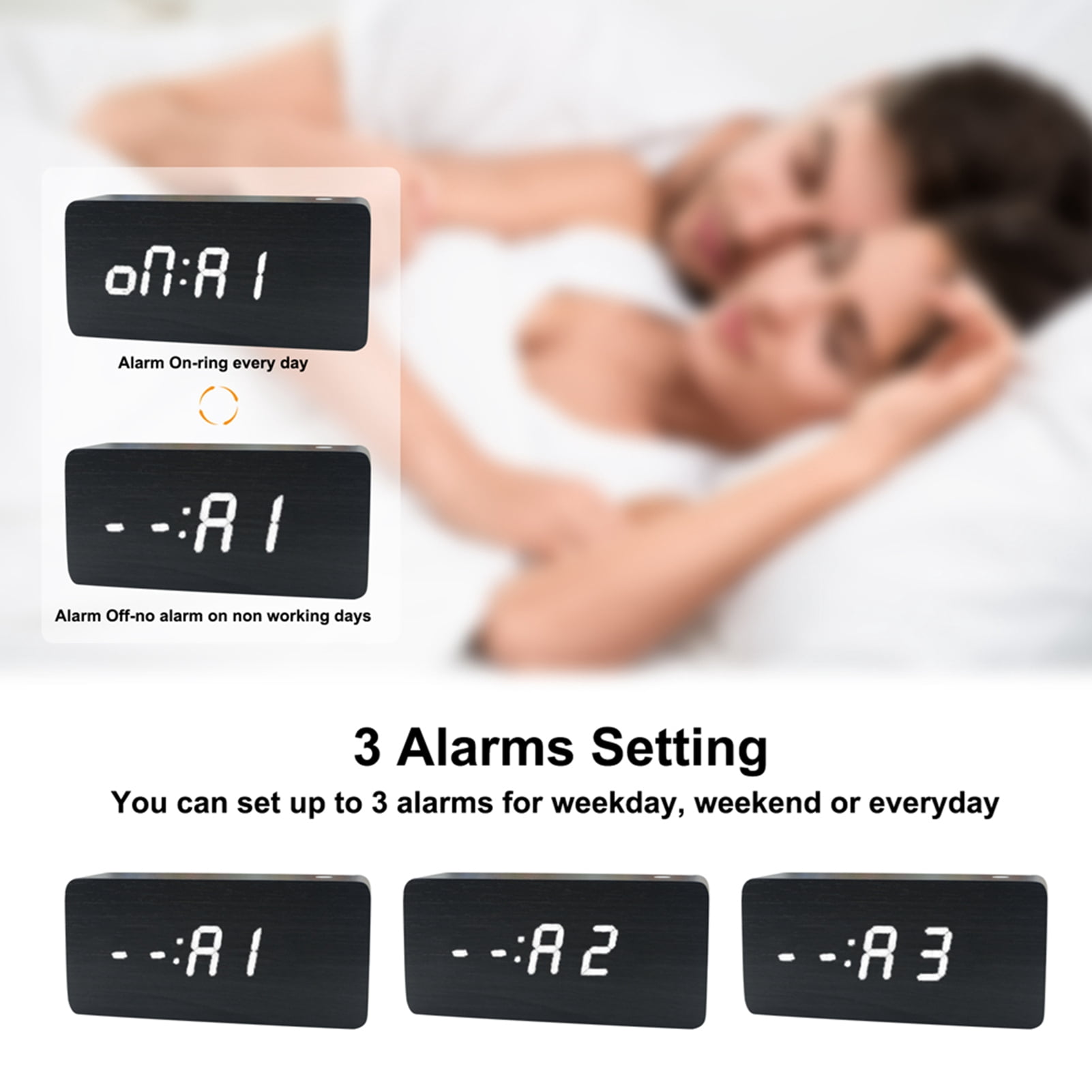 BIMZUC Wooden Digital Alarm Clock 8 Levels Adjustable Brightness LED Display Sound Control Date Temperature Display Minimalist Bamboo Design 5.9 inches