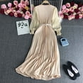 thumbnail image 2 of OSOLU Dresses Solid Color Design: Pleated Skirt Pressed Pleats Waist Thin Temperament Light Mature Style Women Spring Elegant Dress Long Style Holiday Hawaiian Flowy Sundress, 2 of 3