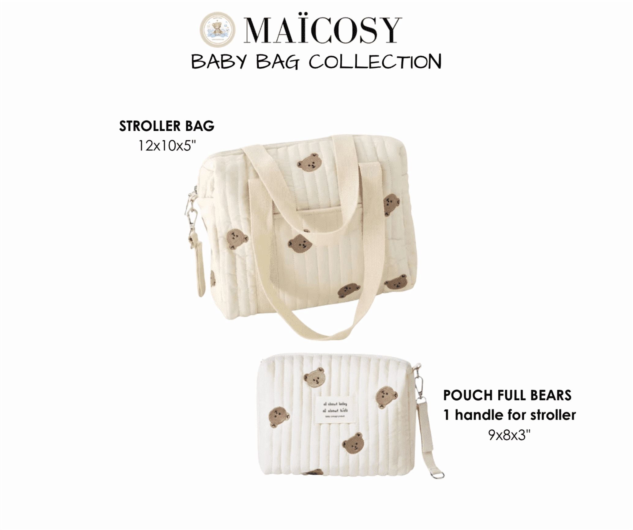 Set of 2 (STROLLER BAG + POUCH FULL BEARS) - Baby Bag Set 100% Cotton Bear Print