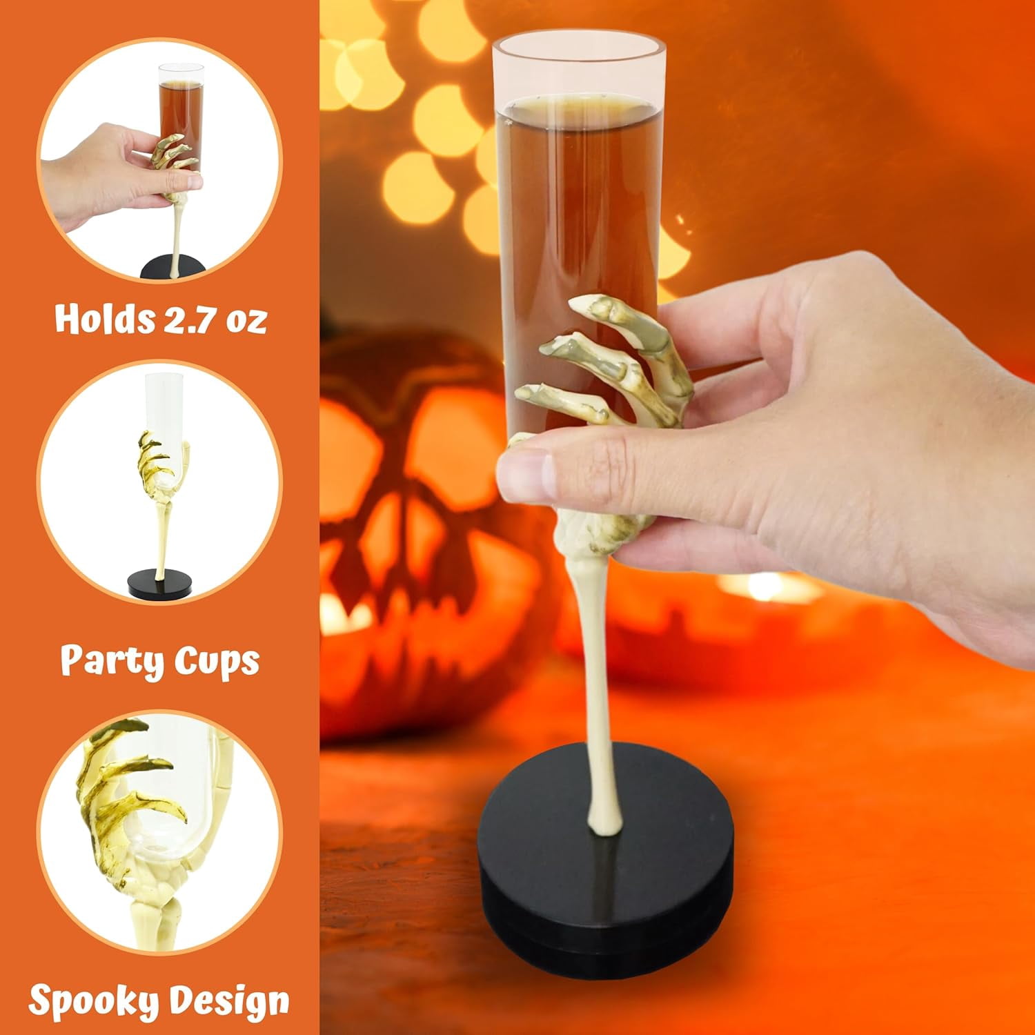 4E's Novelty Skeleton Hand Flutes 12 Pack - Clear Plastic Halloween Champagne Cocktail Goblets (2.7oz) - Halloween Wine Glasses for Spooky Parties