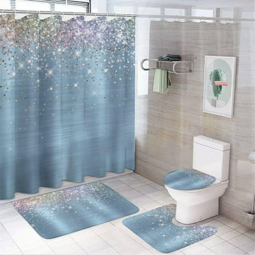 4Pcs Cute Rose Blush Silver Faux Glitter Shower Curtain Sets, Bathroom Set Decor with Non-Slip Bath Mat, Toilet Lid Rug and Contour Mat, 72 x 72inch