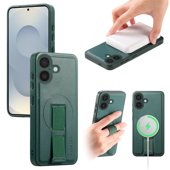 Magnetic Case for iPhone 16 with [Wristband Strap] [Compatible with Mag-Safe] Camera Screen Raised Protection [Military Grade Drop Protection] Heavy Duty Shockproof Phone Case, Green