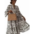 thumbnail image 3 of Women'S Summer Dress Casual V Neck Buttoned 3/4 Sleeve Bohemian Print Flowy Mini Dresses Khaki M, 3 of 9