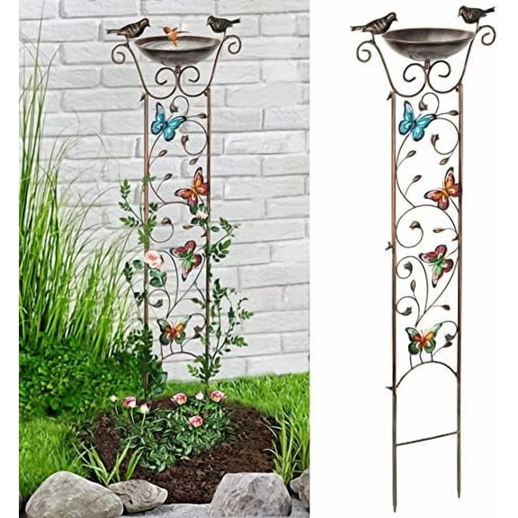 Garden Trellis Bird Bath Outdoor, 40 Inch Antique Iron Garden Plant Trellis Decorative with Butterflies and Detachable Drinking Basin Bowl, Free Standing BirdBath Birdfeeder Station