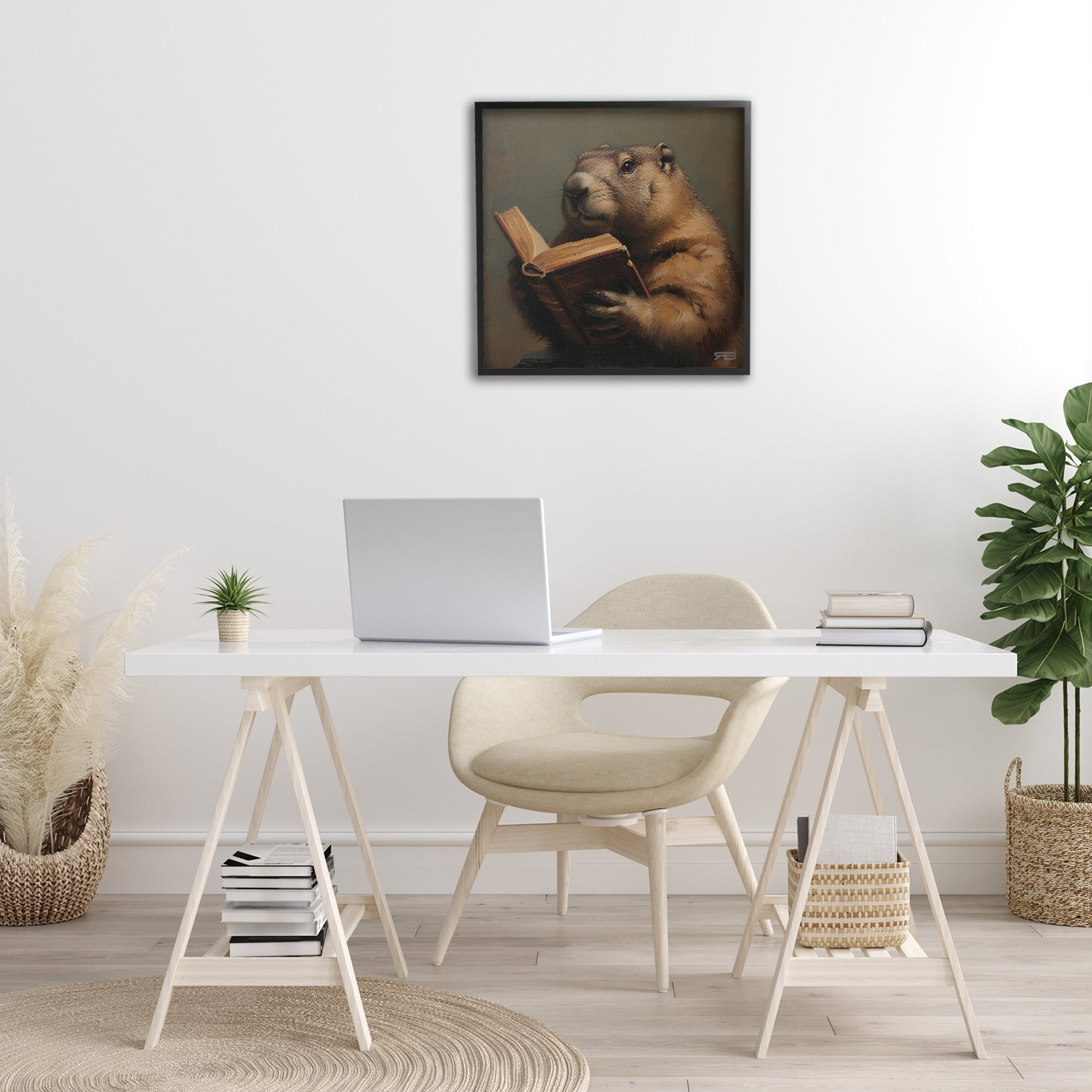 Stupell Industries Groundhog Reading Book Animals & Insects Painting Black Framed Art Print Wall Art, 24 x 24